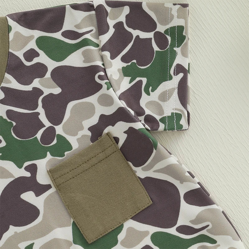 Toddler Boy Lightweight Cotton Short Sleeve Round Neck Camo Romper with Loose Fit