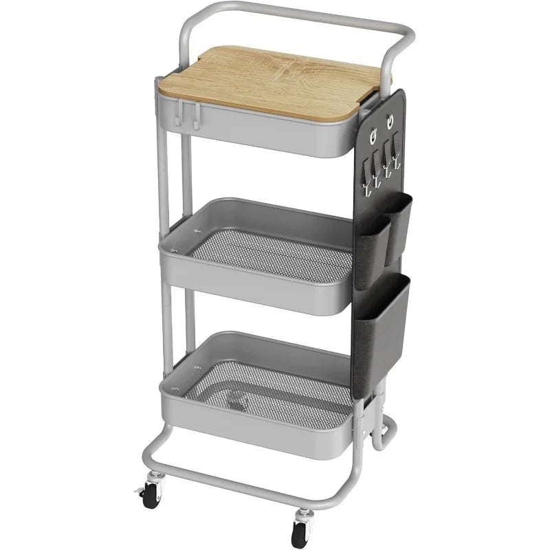 3 Tier Metal Utility Rolling Cart with Table Top and Side Bags