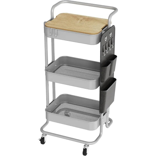 3 Tier Metal Utility Rolling Cart with Table Top and Side Bags