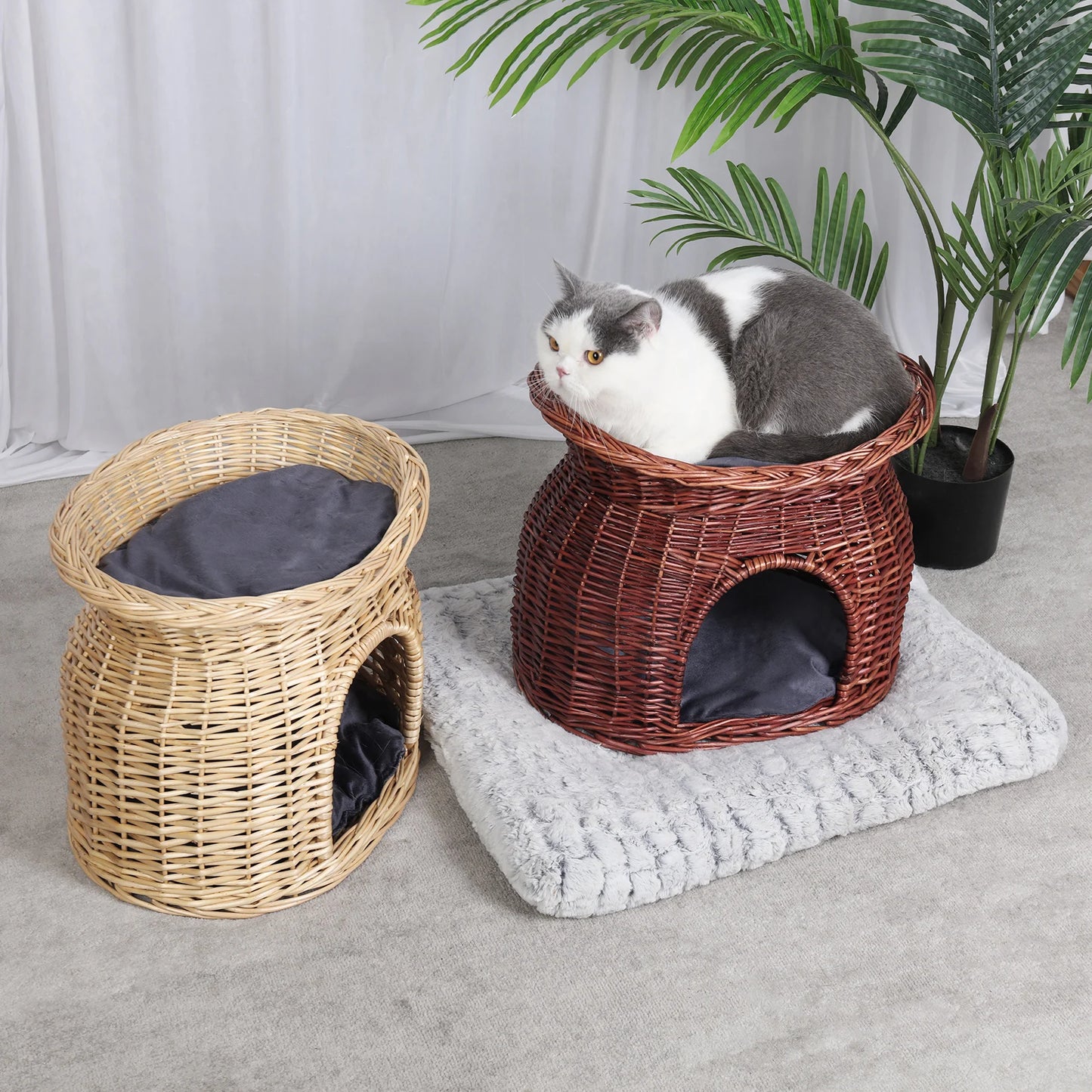 2-Tier Wicker Bunk Basket Cat Sleeping Bed Play House Furniture for Indoor Cats with 2 Pcs Soft Cushion Cave Bed, L *H 41x33.5CM