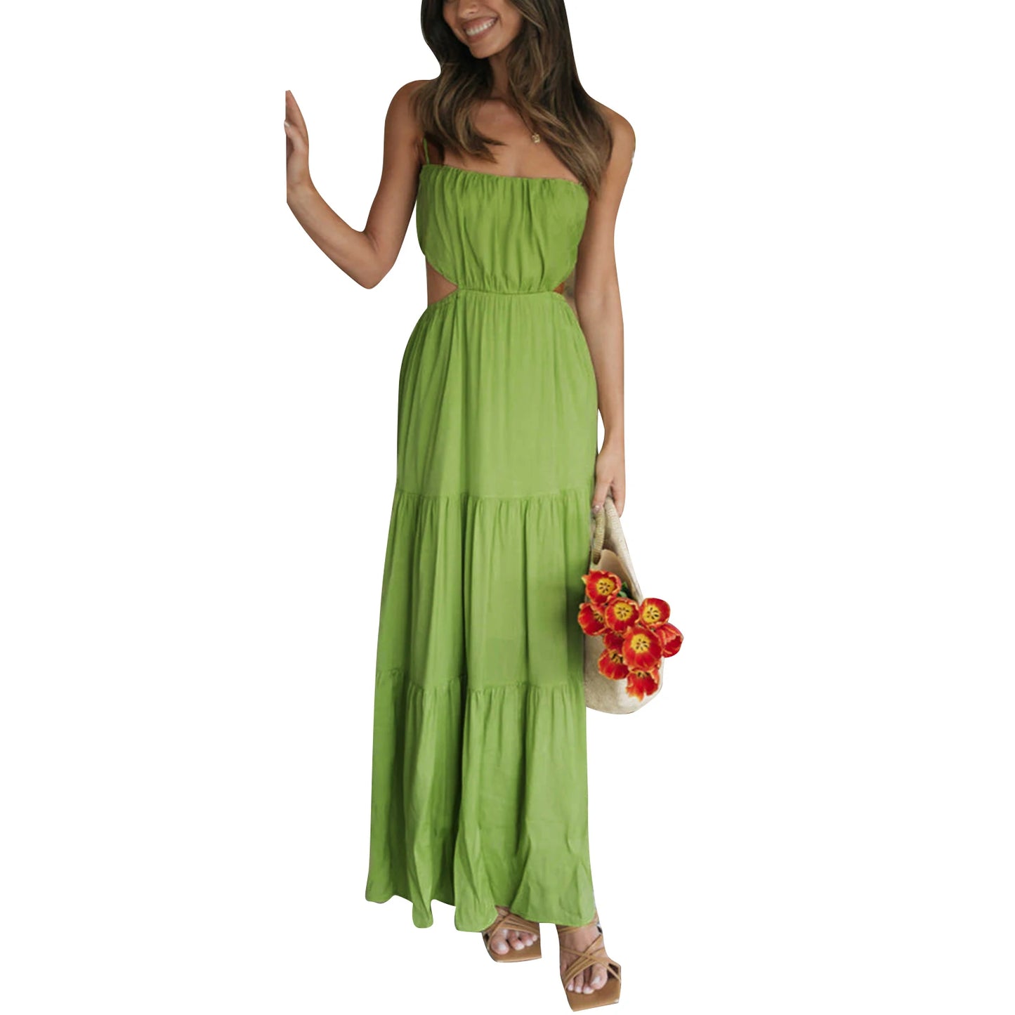 Elegant Sleeveless Maxi Dress with V-Neckline and Ruched Waist Detail for Women's Summer Fashion