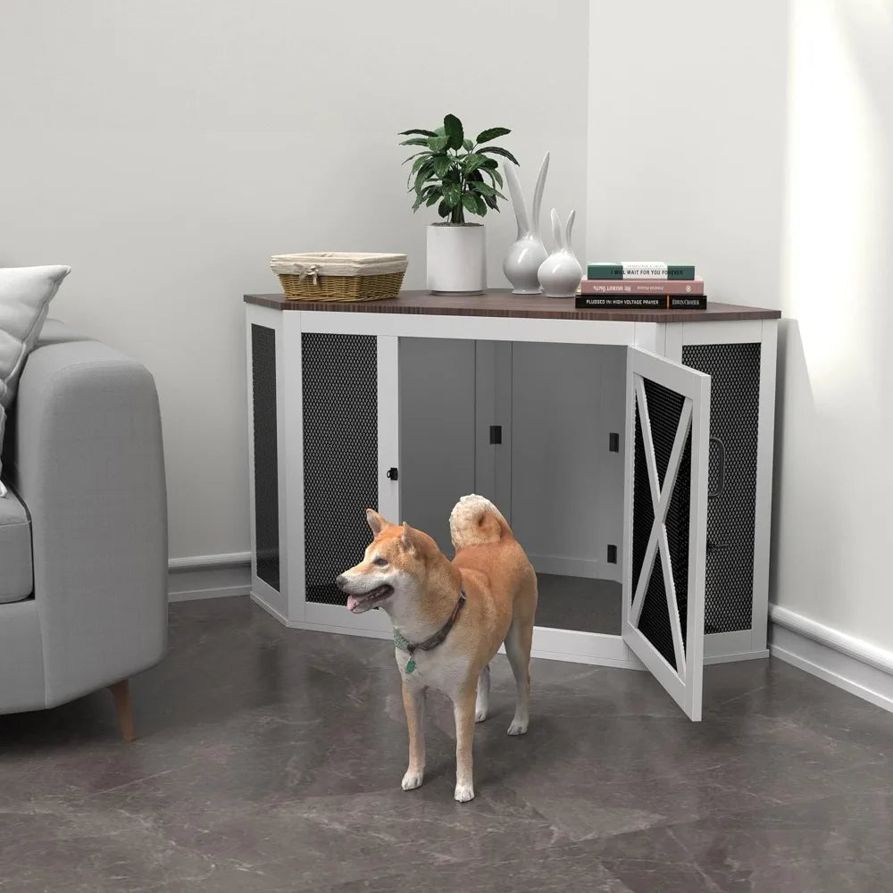 Corner Dog Crate Furniture, Wooden Dog Kennel End Table with Mesh