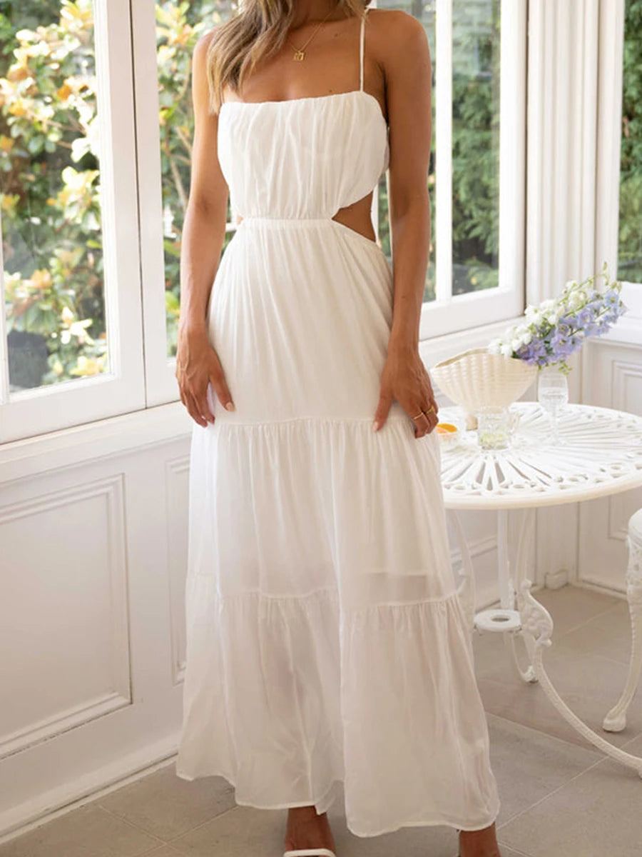 Elegant Sleeveless Maxi Dress with V-Neckline and Ruched Waist Detail for Women's Summer Fashion